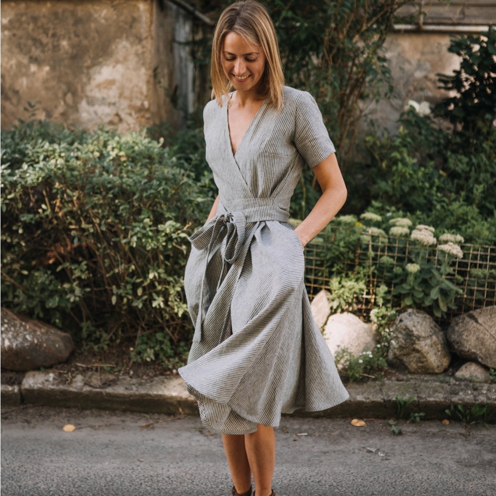 Striped Wrap Midi Dress with Self-Tie Waist in Light Gray